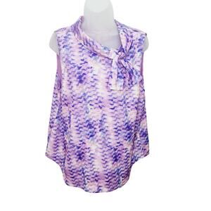 Soft Surroundings Adrie Orchid Multi Top Blouse Soft Tie Collar Sleeveless Large